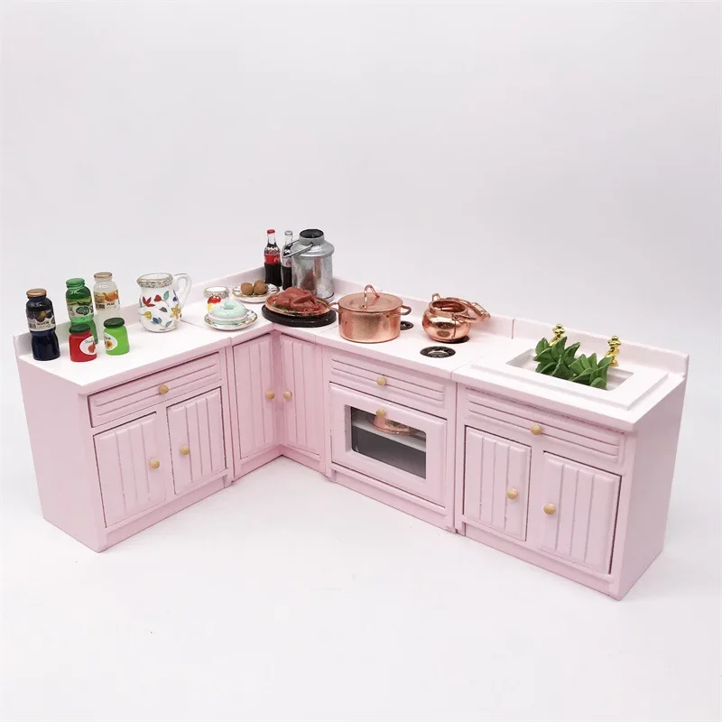 1:12 Dollhouse Miniature Items Kitchen Worktop Sink Cabinet Mini Cupboard Four-piece Set Doll House Accessories Furniture BJD