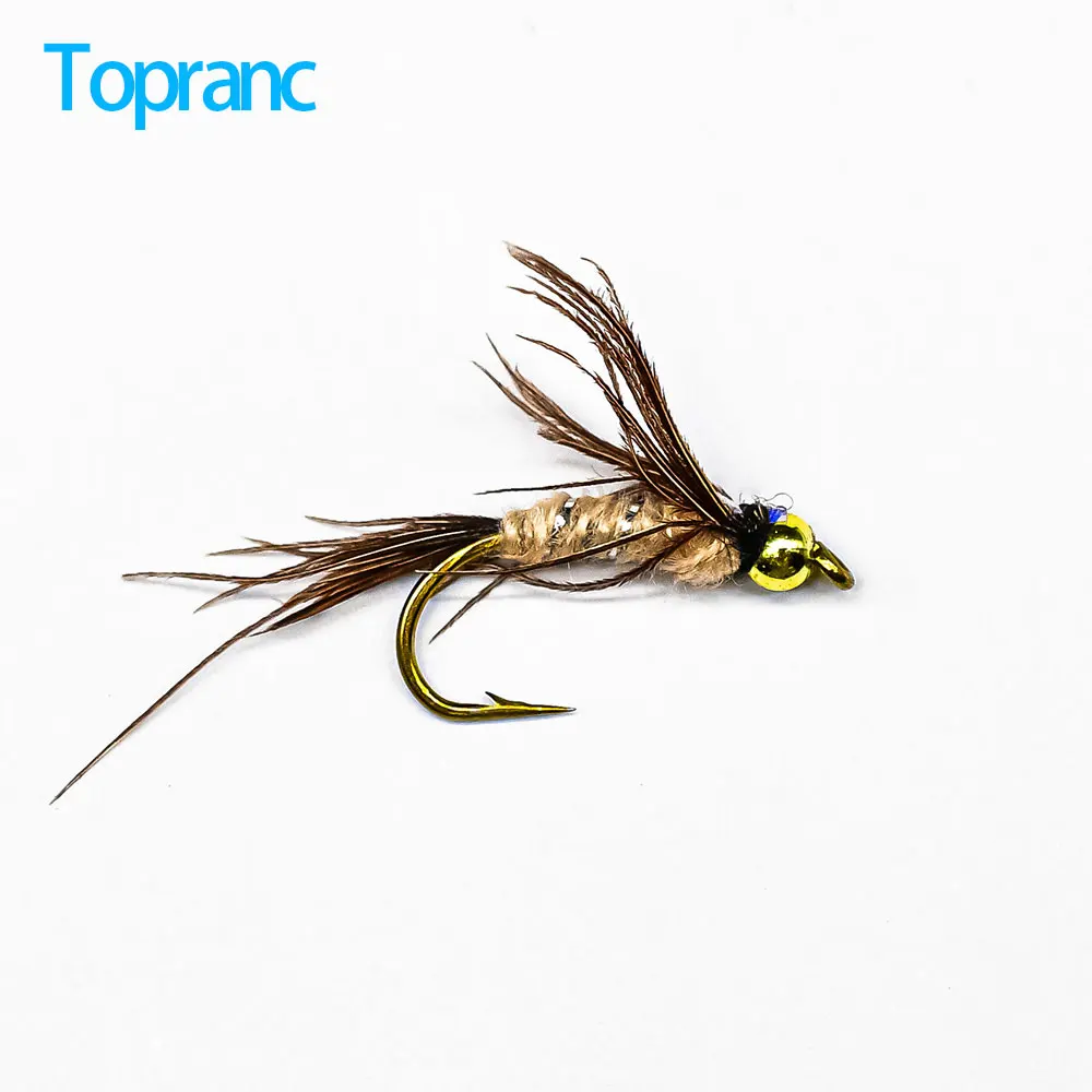 Topranc Fly Pheasant Tail Fast Sinking Wet Barbed Bead Head Jig Nymph for Fly Fishing Trout Tinsel Flash Back