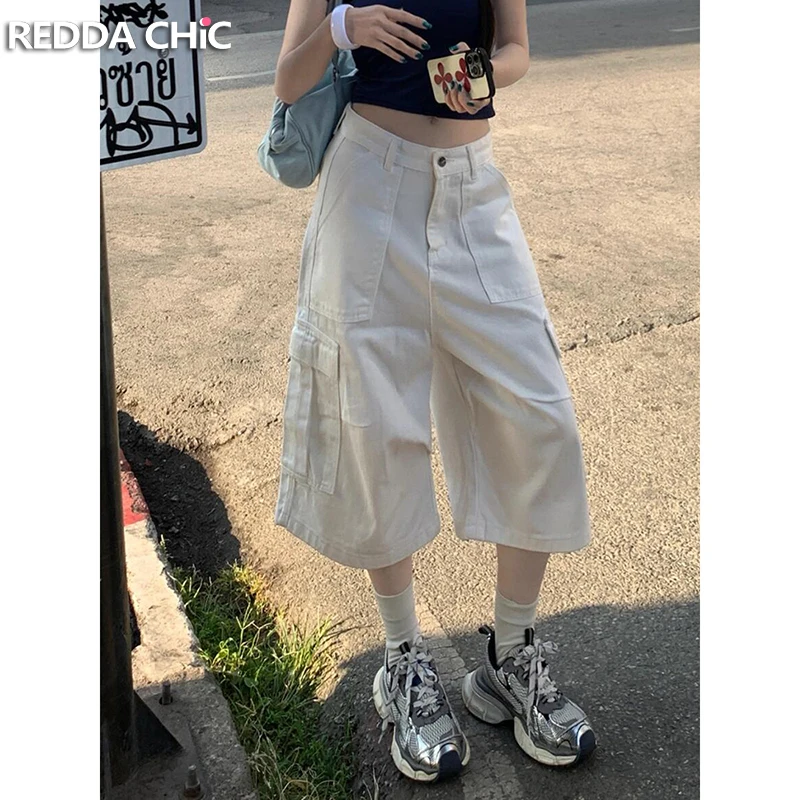 ReddaChic Women Bermuda Short Pants White Cleanfit Pleats Big Pockets Low Waist Loose Wide Leg Jeans Jorts Retro Summer Clothes