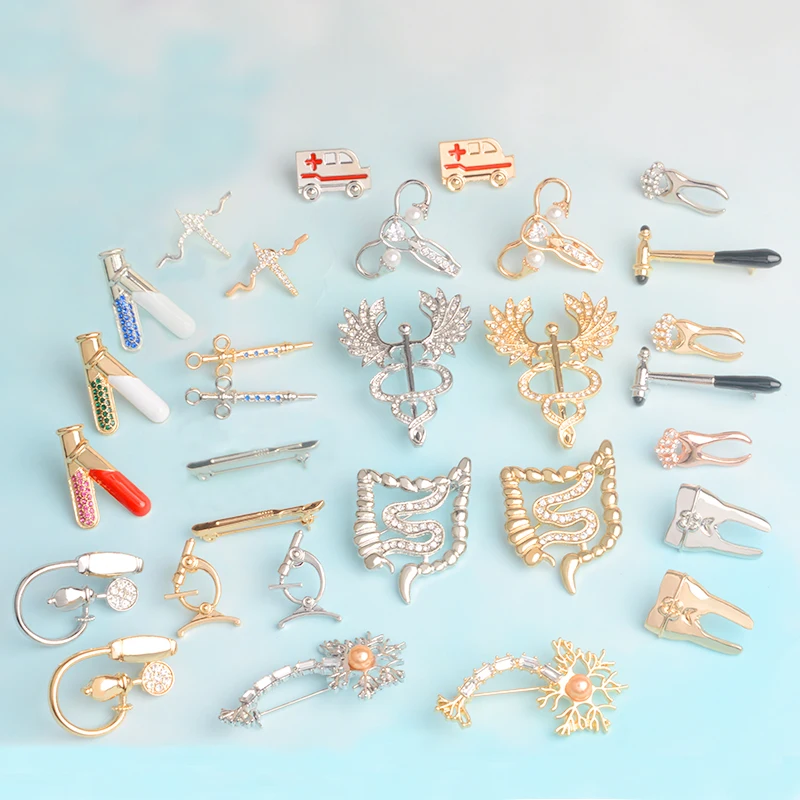 Medical Brooches Collection Crystal Uterus Microscope Scalpel Stomach ECG Tooth Pins Jewelry For Doctor Nurse