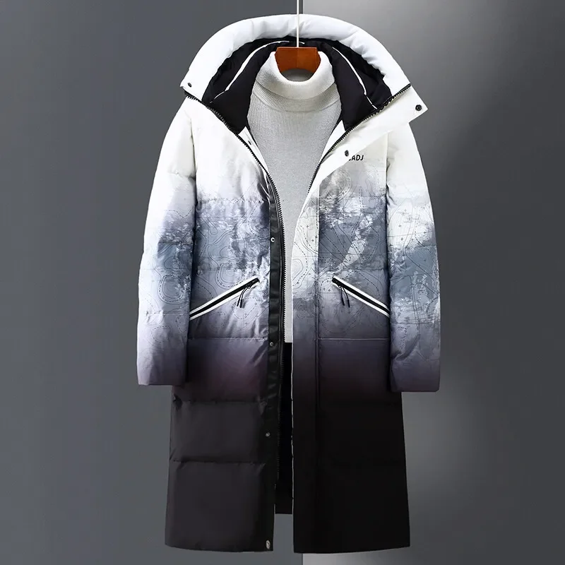 Winter Down Jacket Men\'s Long Trendy Tie-dye Design Thick Warm White Duck Down Parka Women\'s Travel Ski Windproof Hooded Coat