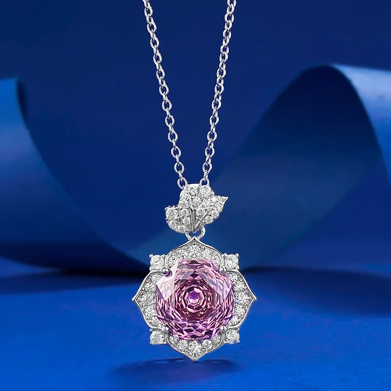 

S925 Silver New Rose Petal Necklace Women's 10mm Rose Purple Pendant Stylish Live Style Versatile and Simple