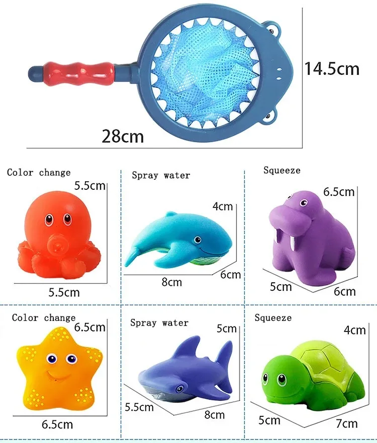 7Pcs/Set Baby Shower Toy Water Spray Net Fishing Fish Children Shower Floating Water Playing Toy Pinching Joy