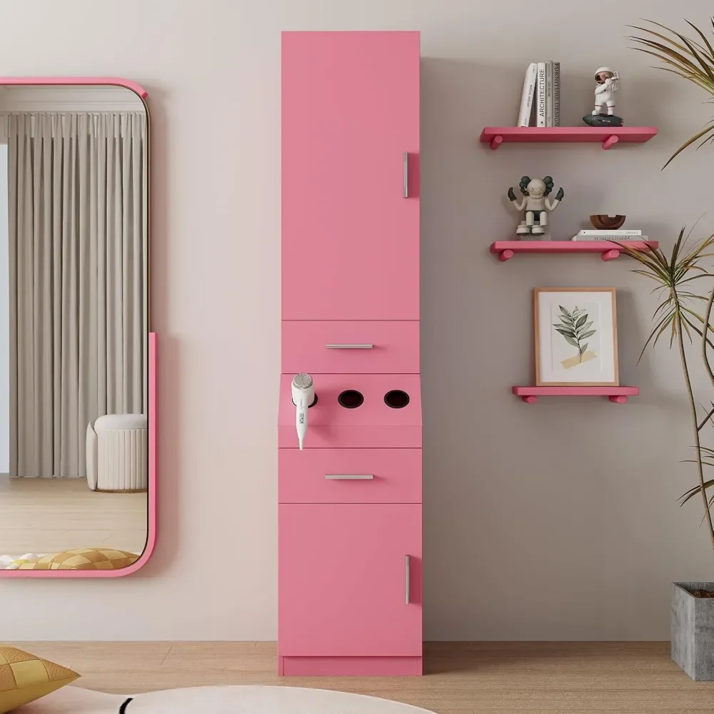 Modern Salon Station for Hair Stylist Wall Mounted Styling Station Wooden Beauty Salon Spa Locking Storage Cabinet Table Pink