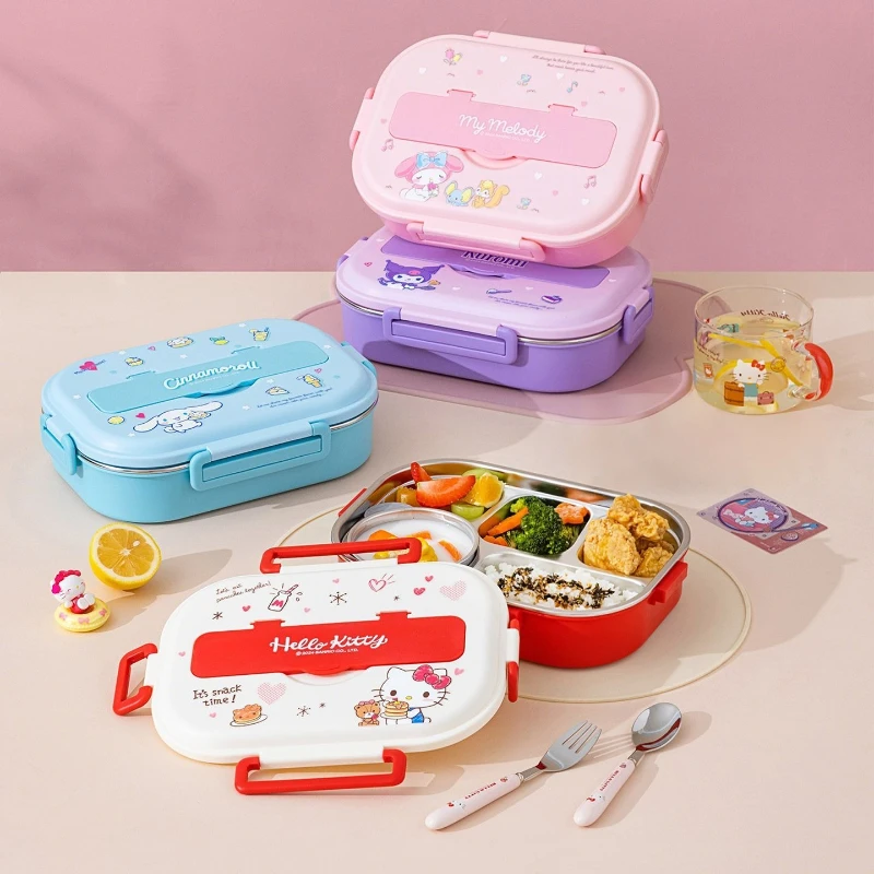 

Kawaii Sanrio Hello Kitty Lunch Box Cute Anime Kuromi Cinnamoroll Student Stainless Steel Multi Grid Bento Box with Soup Bowl
