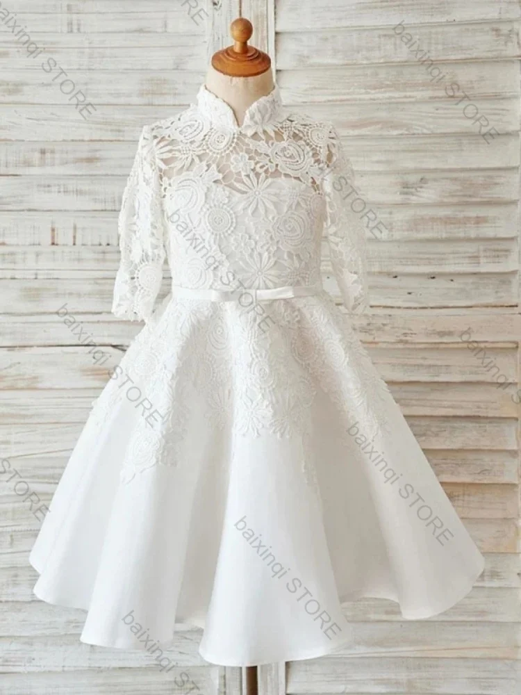 

Ivory color Flower Girl dress elegant tulle Lace Satin Short Skirt formal occasion wedding birthday ball Can bespoke kids gown