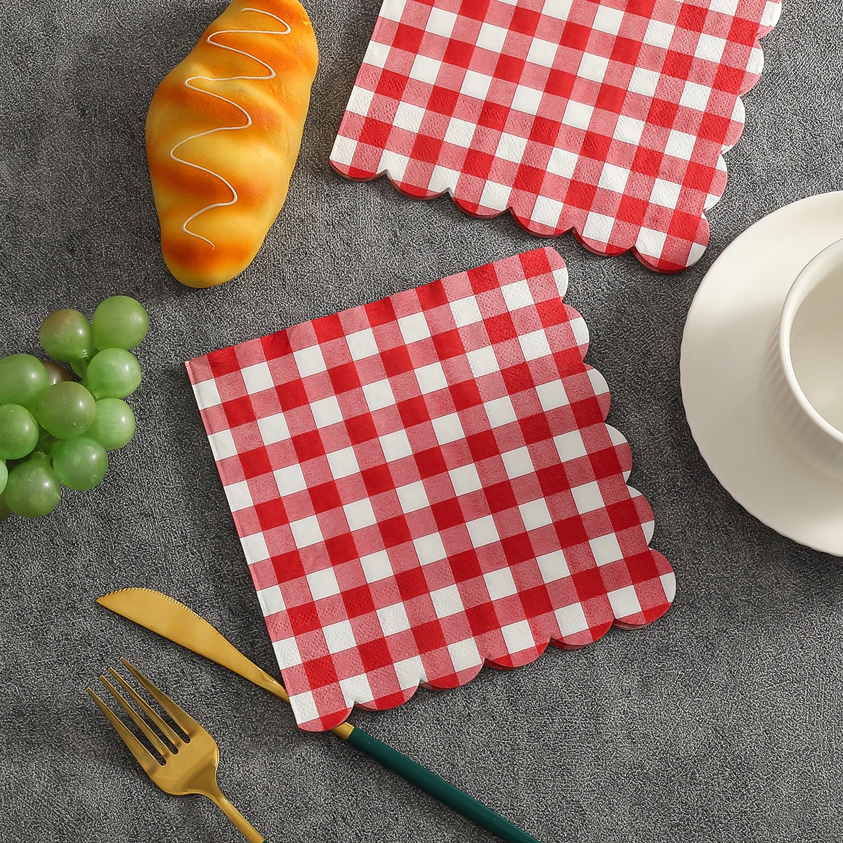 20 colorful printed napkins with a red and white checkered pattern, perfect for use in restaurants, kitchens, weddings, and birt