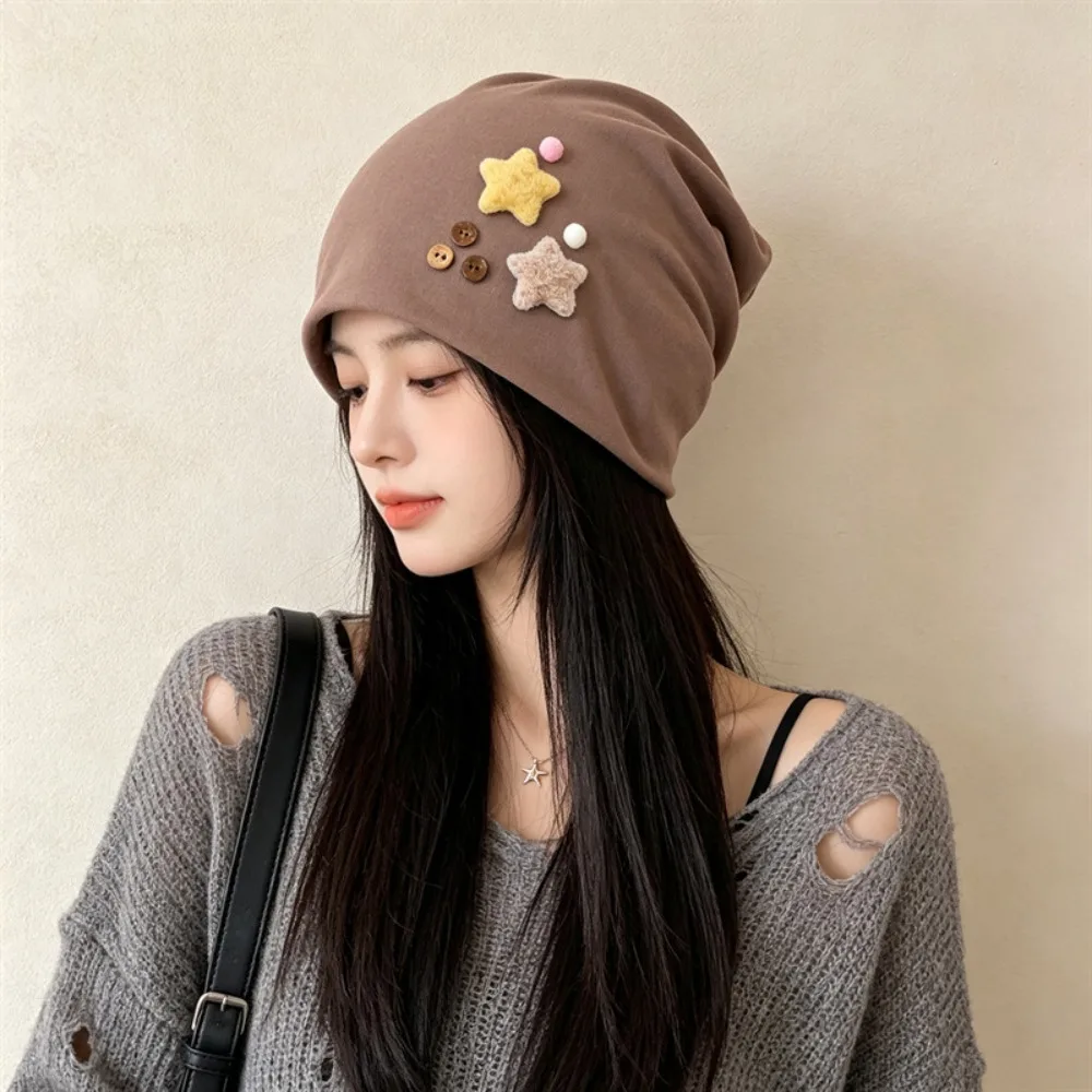 New Japanese Style Women's Beanie Windproof Skull Cap Face-Flattering Fit Star Detail Pull-On Hat Fall Winter Wear
