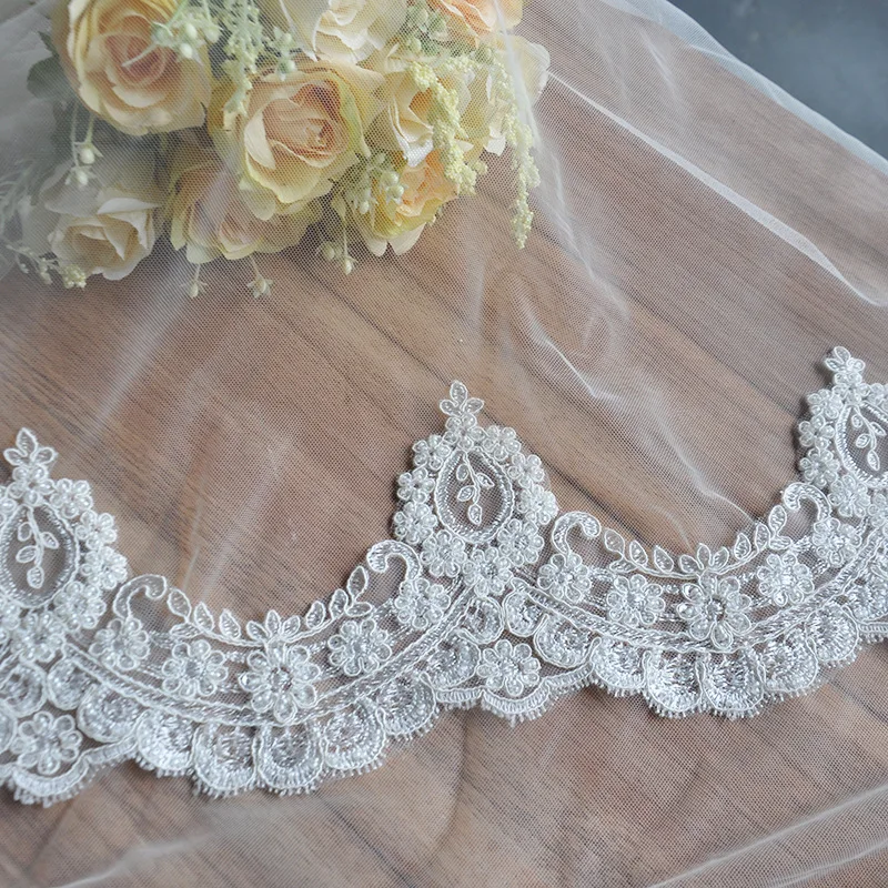 

2 Yards 13cm wide Beaded Sequins Edge Polyester Embroidery Lace Trim for Bridal Wedding Gown Costume Design Lace Ribbon