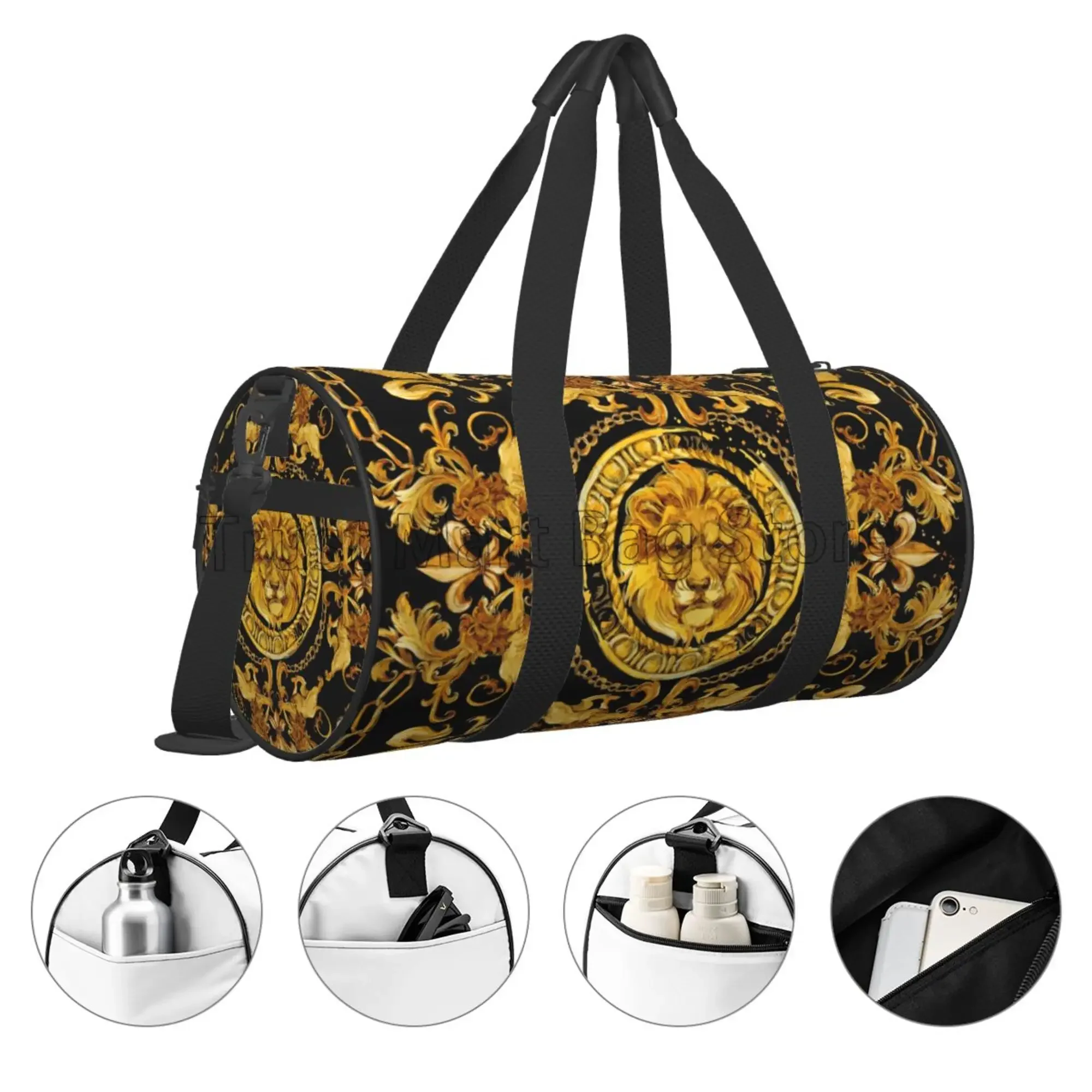 Durável Rodada Viagem Duffle Bag, Leão Dourado, Padrão Barroco, Tote Ombro, Esportes, Yoga, Ginásio, Fitness ao ar livre, Treino