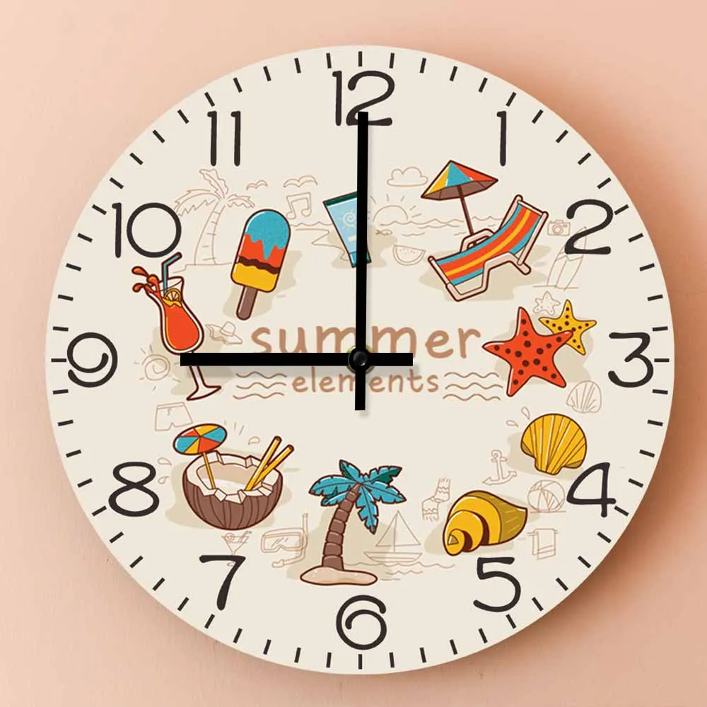 Summer Elements Silent Non Ticking Print Wall Clock Tropical Vibe Seaside Beach Wall Art Decor Coastal Ocean Hanging Wall Watch