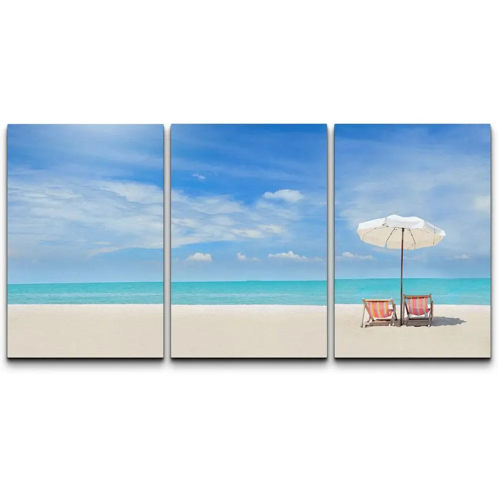 

3 Piece Canvas Wall Art Beach Chairs on The White Sand Beach with Cloudy Blue Sky Modern Home Art Stretched and Framed Ready to