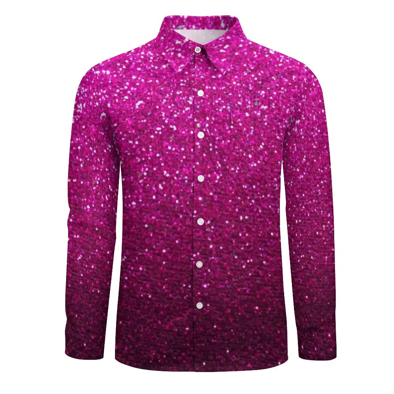 Mens Shirt Metallic Glitter Print Casual Shirts Long Sleeve Pink Ombre Sparkles Harajuku Blouse Autumn Design Oversized Clothing