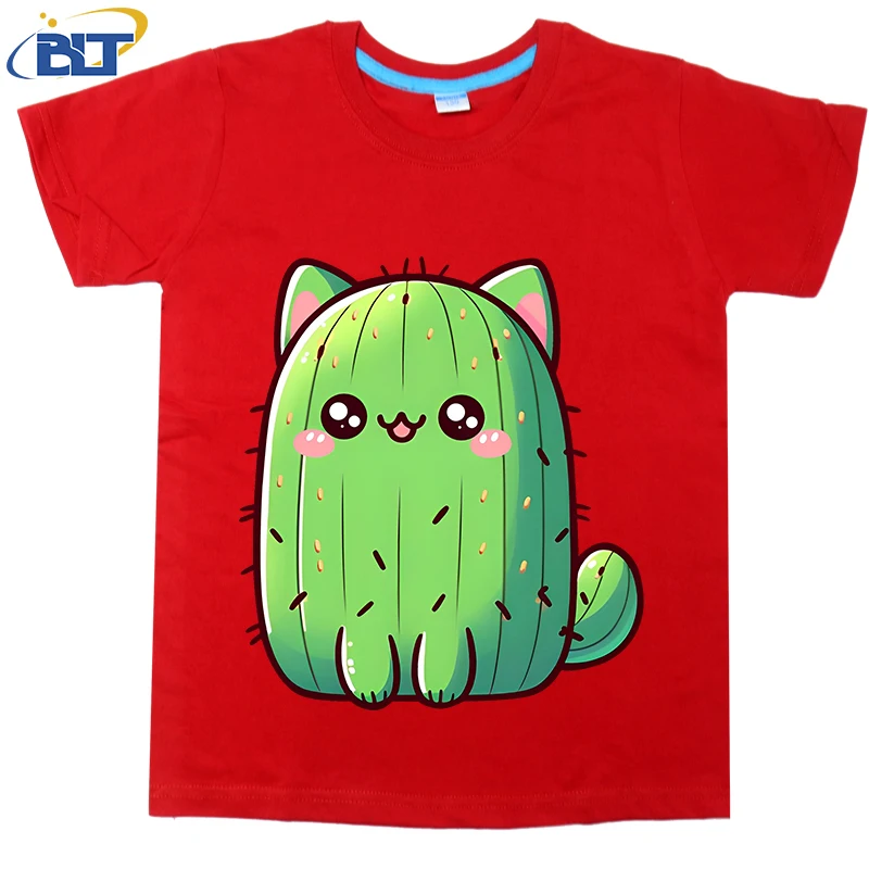 Cat Cactus printed kids T-shirt summer pure cotton short-sleeved casual top suitable for both boys and girls