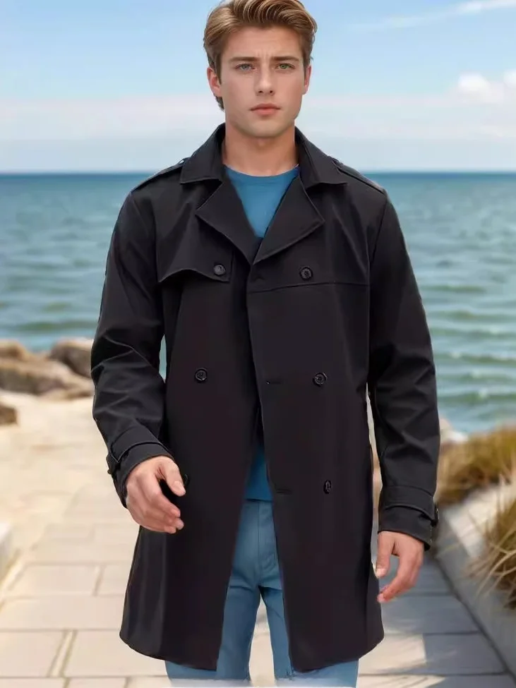 Spring Autumn Men's Long Sleeve Casual Coat Pure Color Double Breasted Lapel Slim Fit Windbreaker Standard Version Business S...