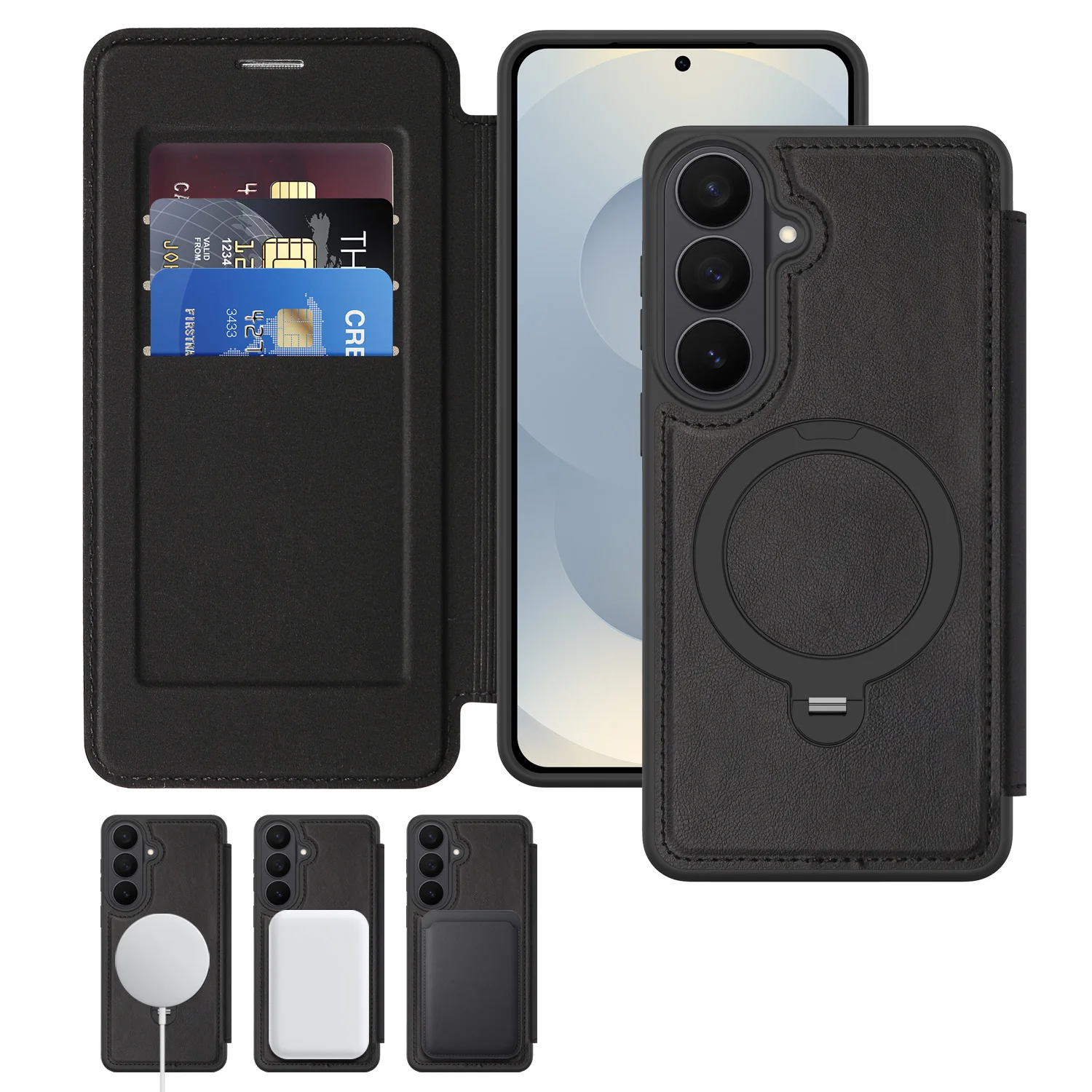 

For Samsung Galaxy A15 A16 A17 A26 A35 A55 A36 A56 eather flip card slot wireless magnetic Rotating ring holder phone case