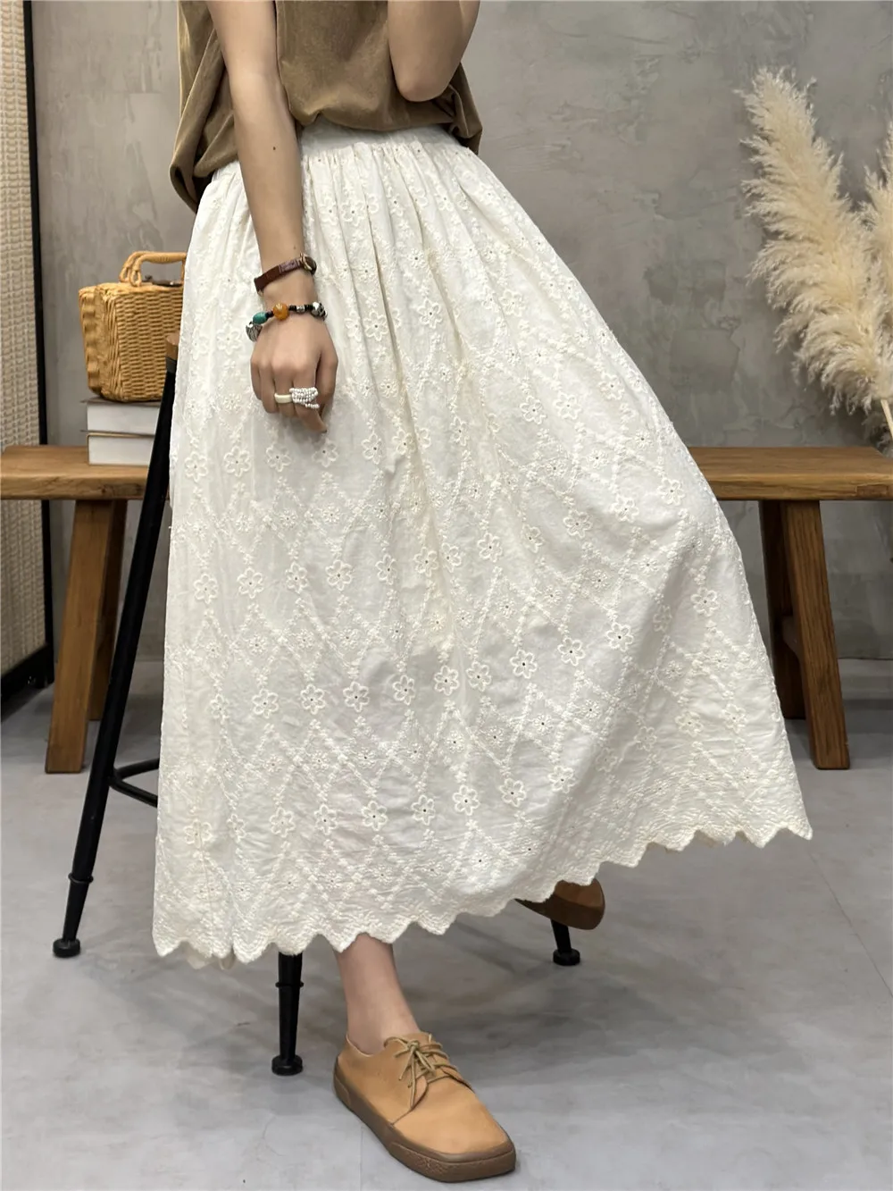 New Spring Cotton Retro Skirt Women A-Line Floral Embroidery Loose Skirt Girl Sweet Fashion Elegant Skirt 2024 Summer B43985QM