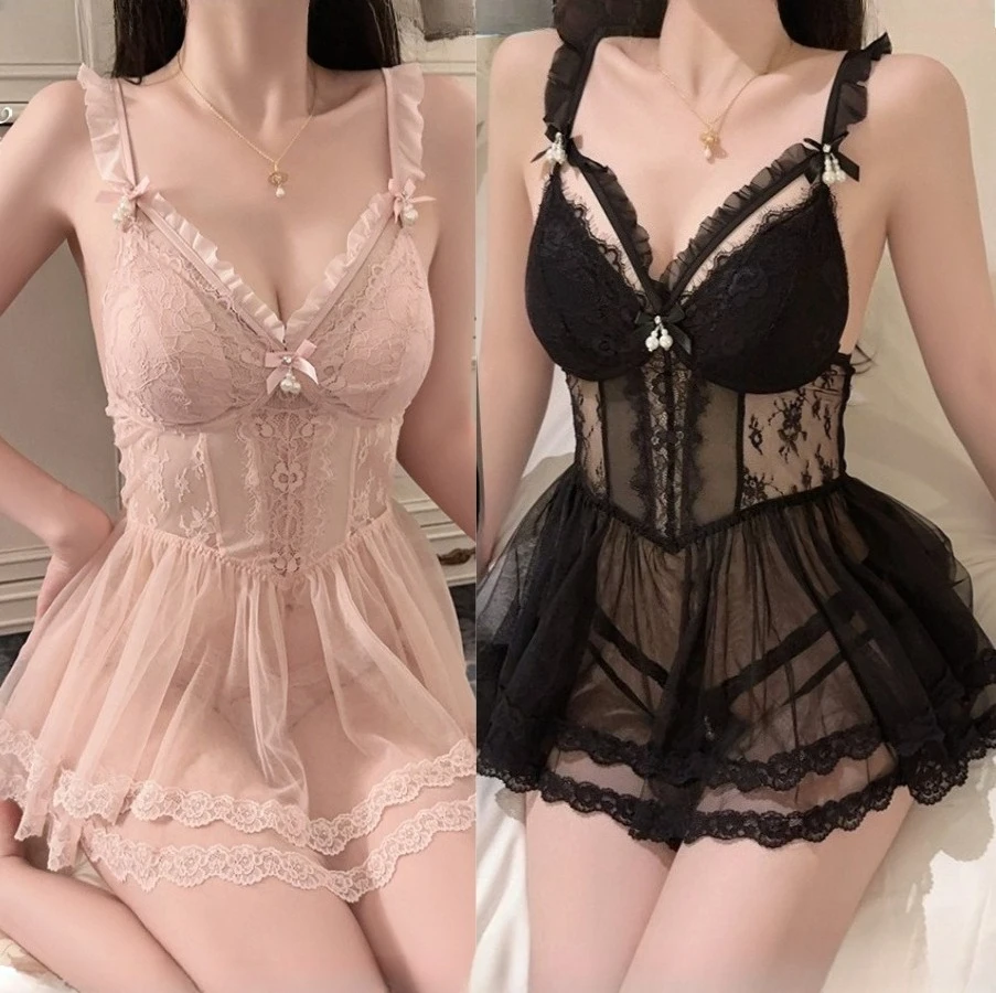 

Sexy Nightgown Summer Women Lace Mesh Suspender Nightdress Sleepwear Gown Loungewear Casual Female Home Dress