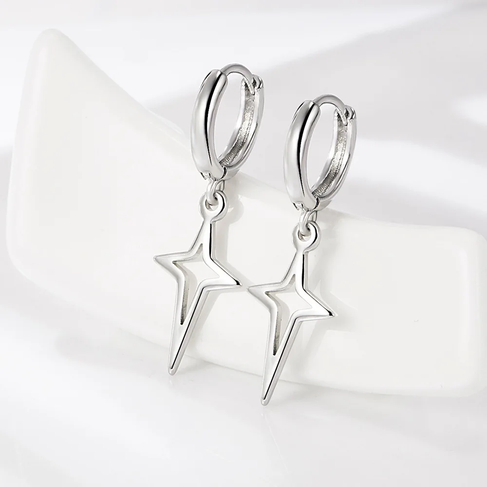 Punk Metal Hollow Star Dangle Earrings for Women Silver Color Vintage Cross Drop Earrings Trendy Statement Loop Jewelry Gift
