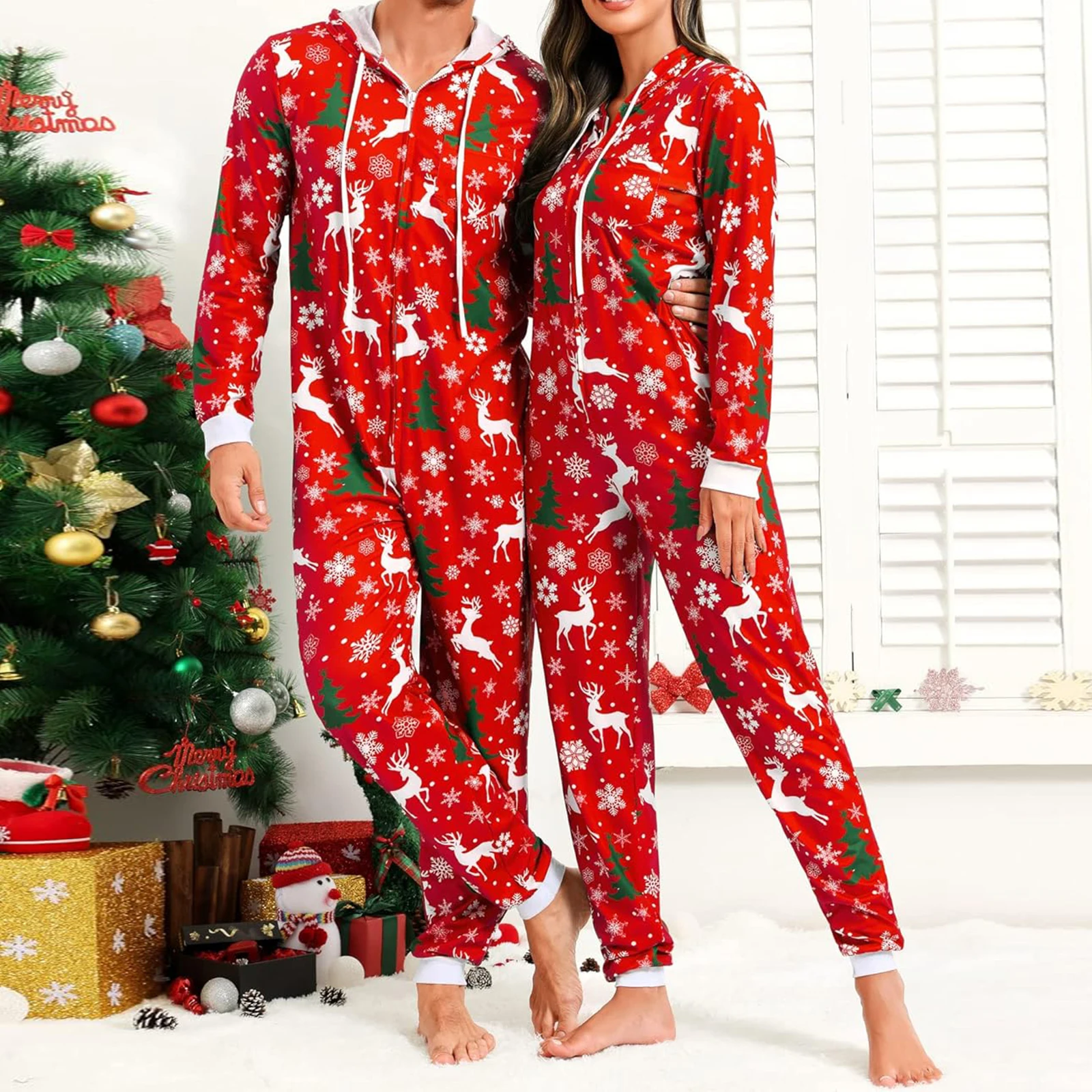 New Couples Christmas Pajama Set Cute Print Hooded Zipper Rompers Loungewear Soft Sleepwear for Women Men Nightwear