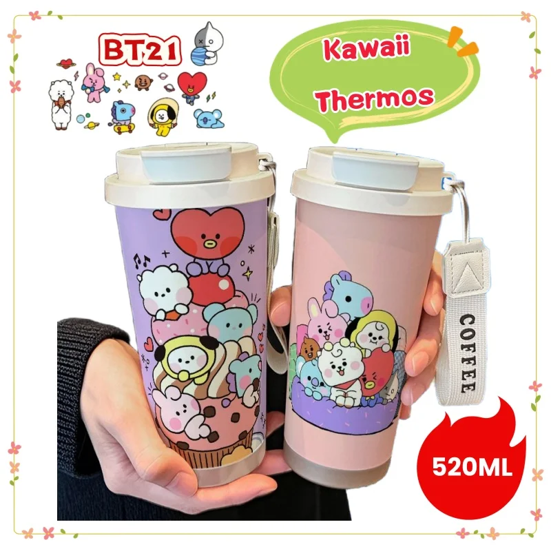 

BT21 креативный ценный термос из нержавеющей стали большой емкости мультфильм милый портативный аккомпанеон соломенная чашка для пары кофейных чашек