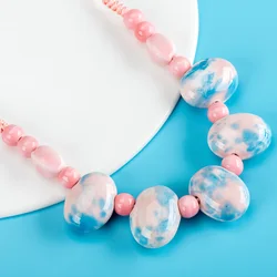 Blue Pink Cobblestone Shape Ceramic Bohemia Bead Necklace Pendant Vintage Necklaces Classic Style Jewelry #2584