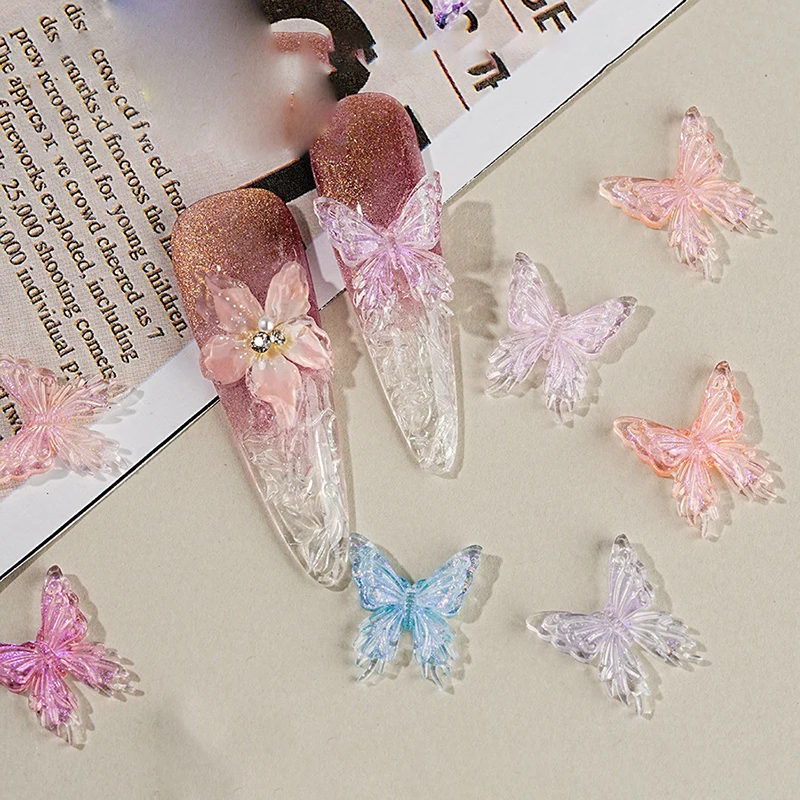 Aurora Glitter 3D ผีเสื้อที่มีสีสัน Bowknot เล็บ Charm เครื่องประดับ DIY เรซิ่นเล็บ Decals ตกแต่งเล็บอุปกรณ์เสริม