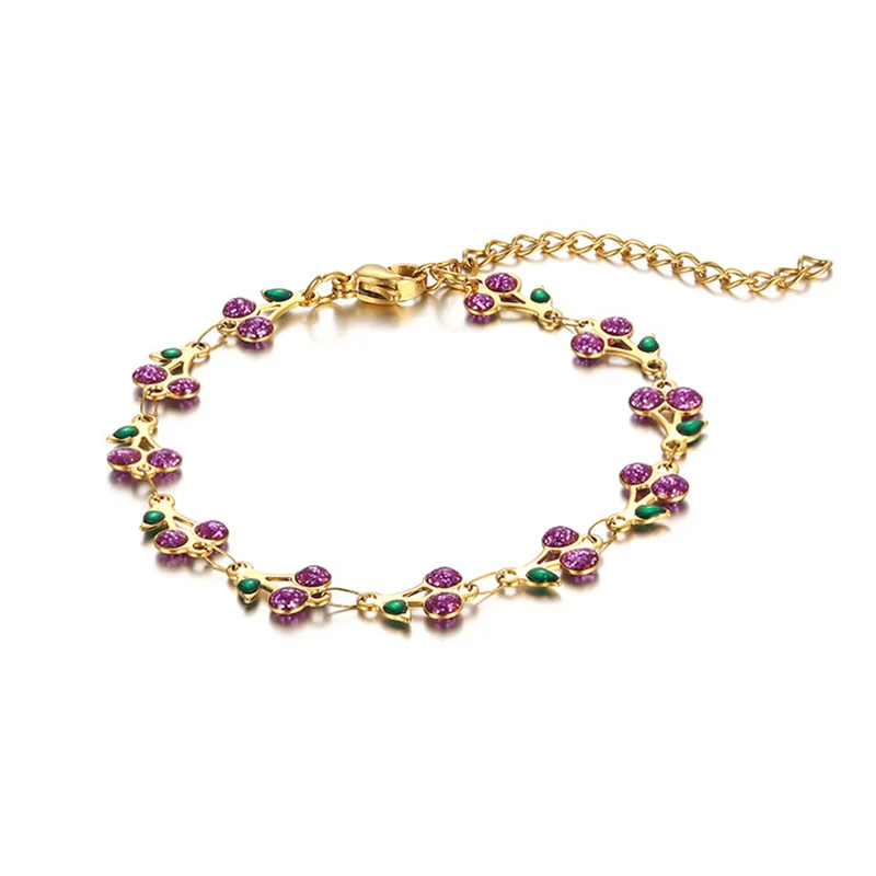 Süßes, niedliches Kirsch-Armband für Damen, Edelstahl-Kettenglied, goldfarben, modisch, bunt, Früchte, Schmuck, Accessoires, Geschenk – Detail 2