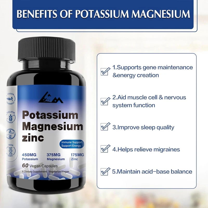 Magnesium potassium supplement 1000mg, used for leg spasms, supports vascular, bone, heart, and muscle health, vegetarian