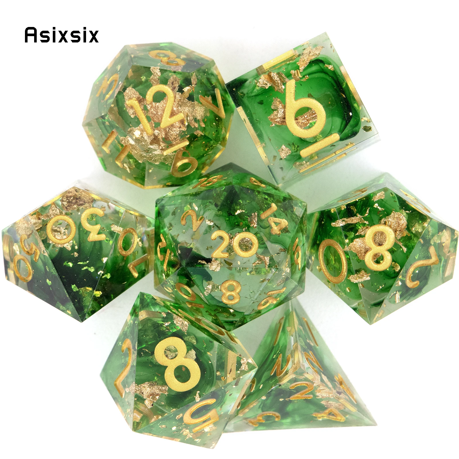 

7 Pcs Green Golden Number Sharp Edge Resin Dice Polyhedral Dice Suitable for Role-Playing RPG Board Game