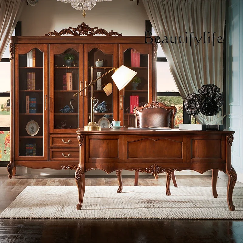 

American-Style Solid Wood Desk Chair Combination High-End Study Furniture Desk European-Style Computer Desk