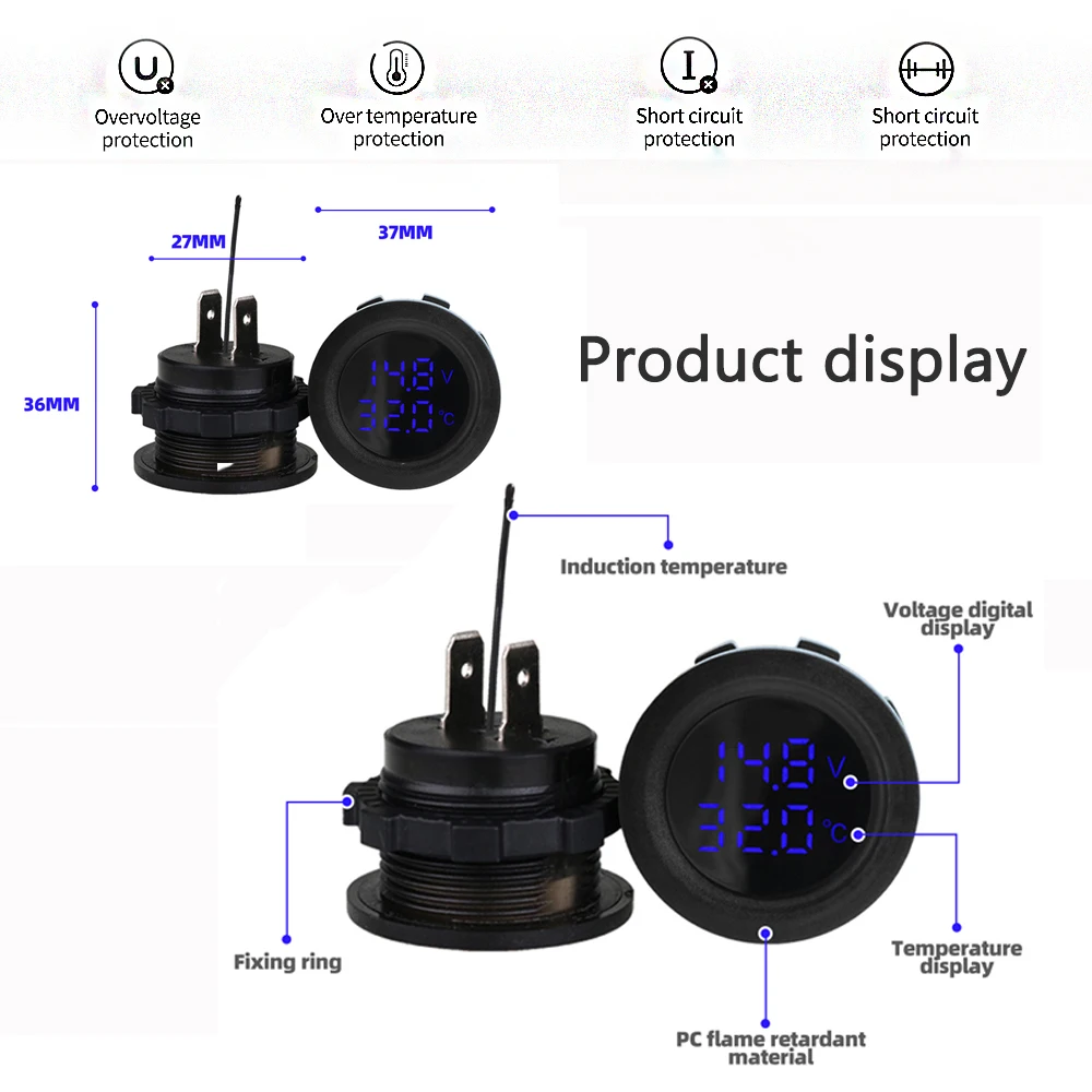 

12-24V Car Round Temperature Voltmeter Auto Voltage Test Display Digital Measurement for Car Motorcycle Boat Yacht Voltmeter