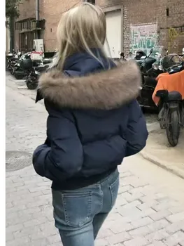 Autumn Winter Fur Hooded Jacket Women Outerwear Thick Dowon Cotton Padded Slim Short Parkas Female Cropped Puffer Bubble Coat 4