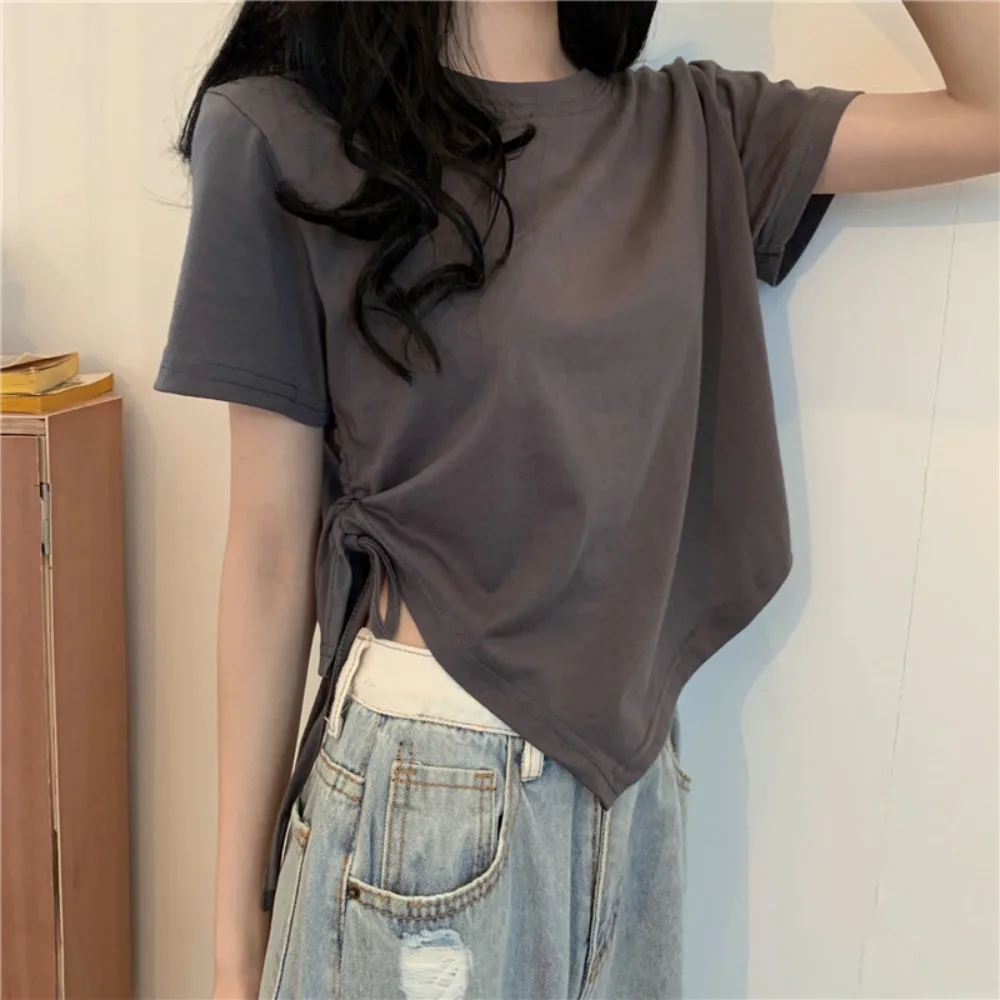 2024 Irregular Drawstring Short Sleeves Summer Versatile Raglan Sleeve Korean Style Shoulder Short Sleeve T-shirt Female