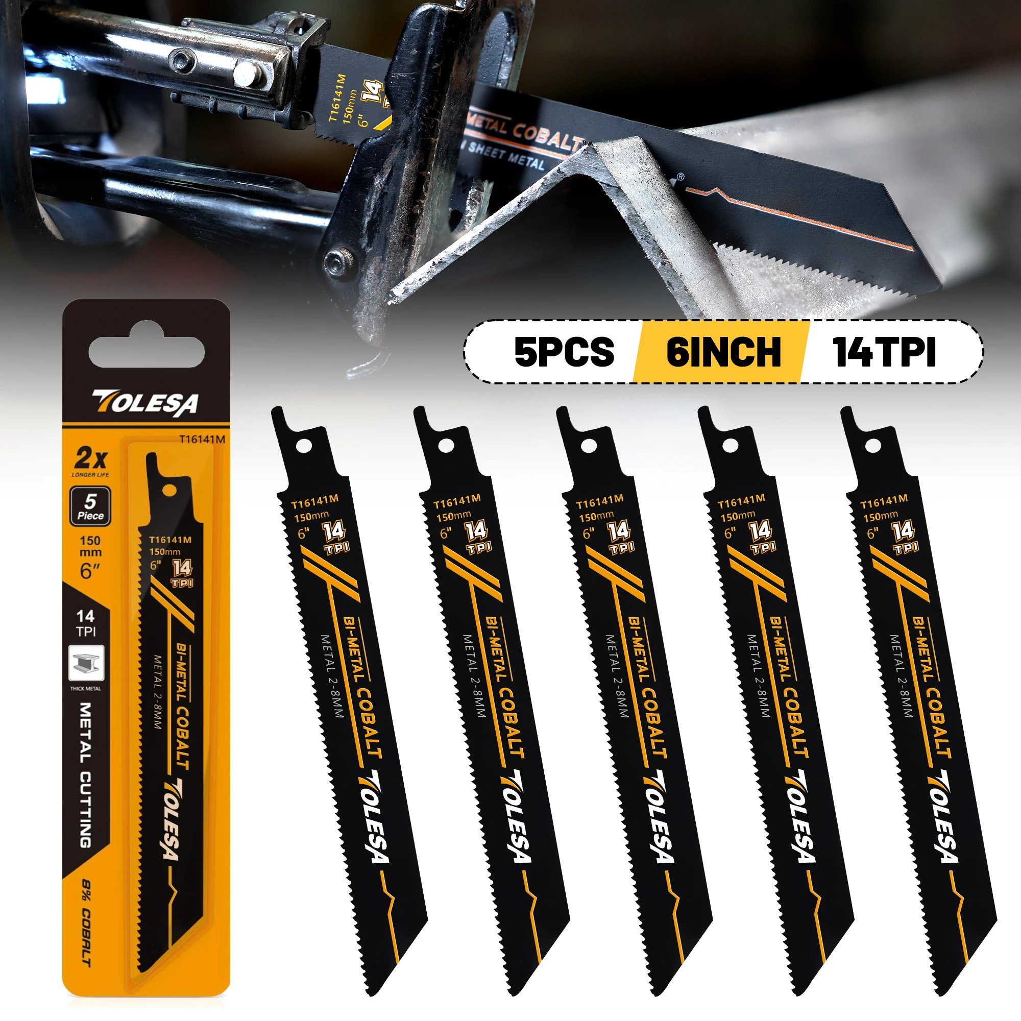 

5PCS Heavy Metal Cutting Reciprocating Saw Blades 6in/9in 14TPI Cast-Iron Bi-Metal Sabre Saw Blades for Metal Pipe, Rebar