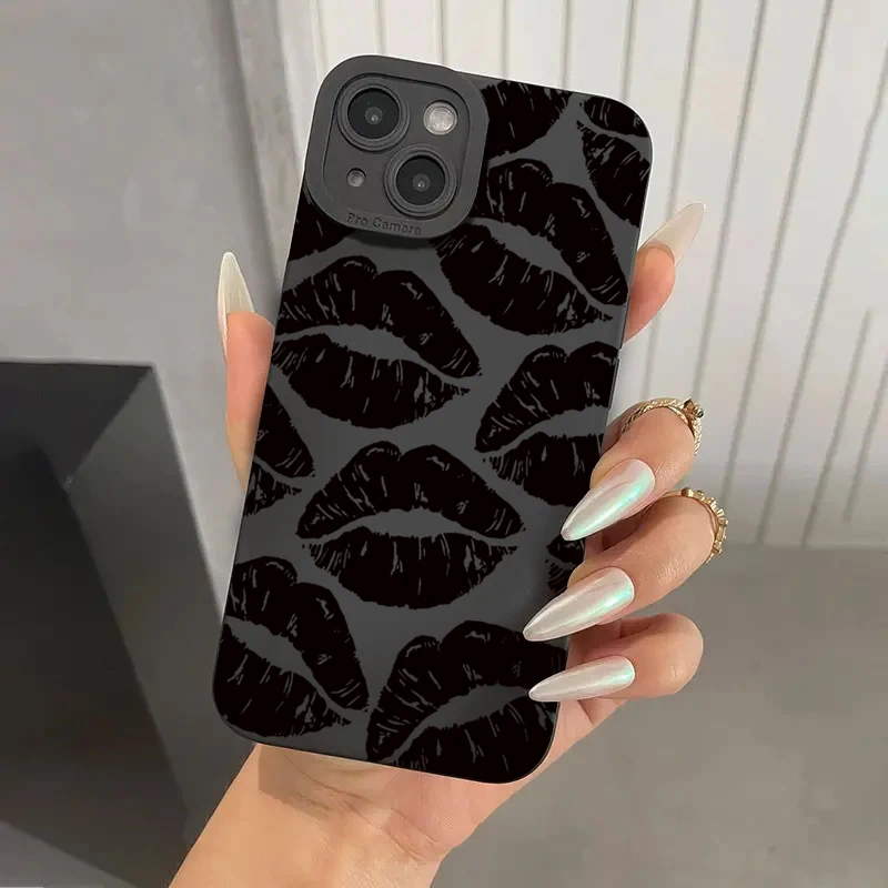 Black Lips Kiss Cell Phone protective Case for iPhone 16 Pro Max 15 14 13 12 11 Pro Max 7 8 14 15 Plus SE 2 X XS XR Matte Cover