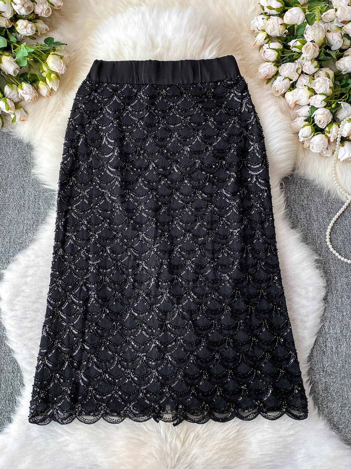 

iny Sequin f-length Skirt Women's New Sle Heavy Embroidery Thin Gauze Slimming Mid-length Ba Split A-line Skirt