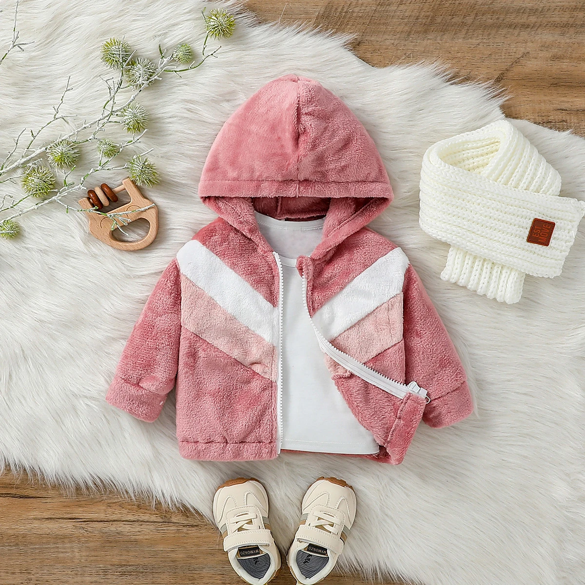 One piece Baby Gilrs Long Sleeve PATCHWORK Hooded Zipper Plush  Fall/ Winter Streetwear Coat 3M-3Y