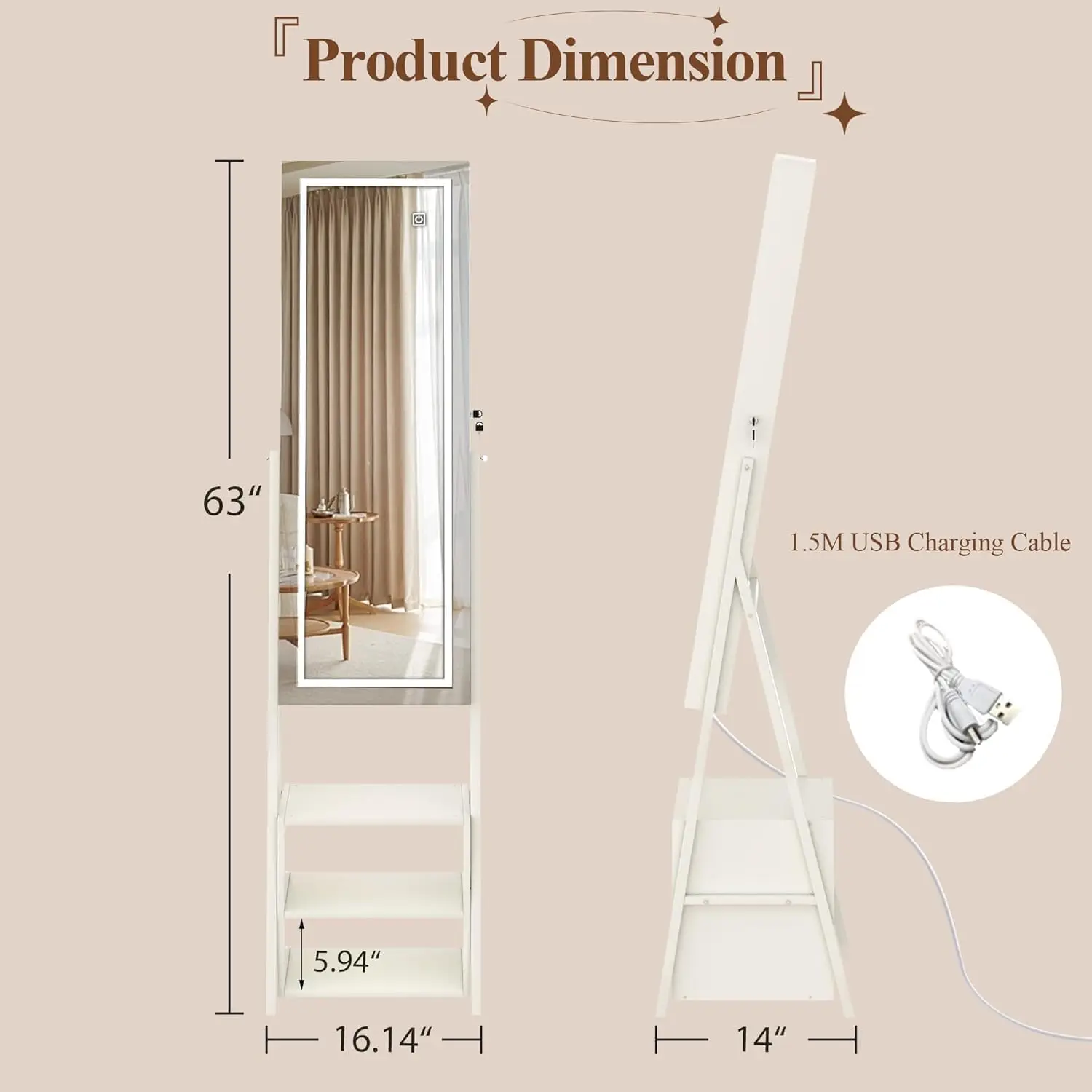 Armoire à bijoux debout verrouillable avec lumières, miroir pleine longueur, rangement de bijoux, 3 couleurs Mod, 63 po