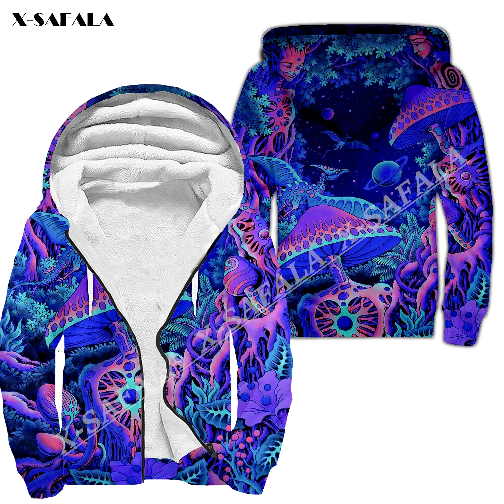 Sudadera con capucha para hombre, abrigo con estampado 3D de hongo colorido, forro polar grueso con cremallera, chaqueta a prueba de viento