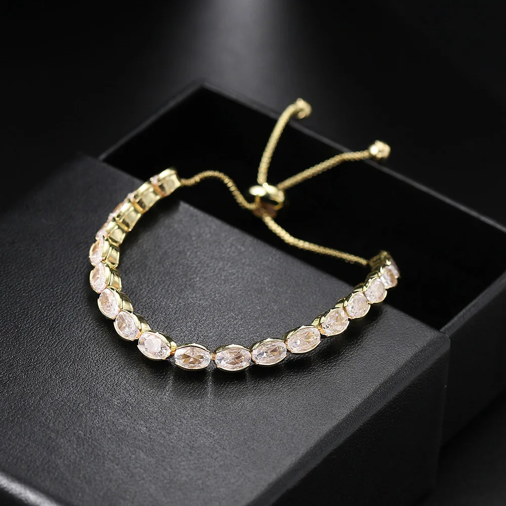 Oval Crystal Tennis Bracelets for Women Korean Fashion Gold Color Adjustable Zircon Chain on Hand Bangle Jewelry Friend Gift 207