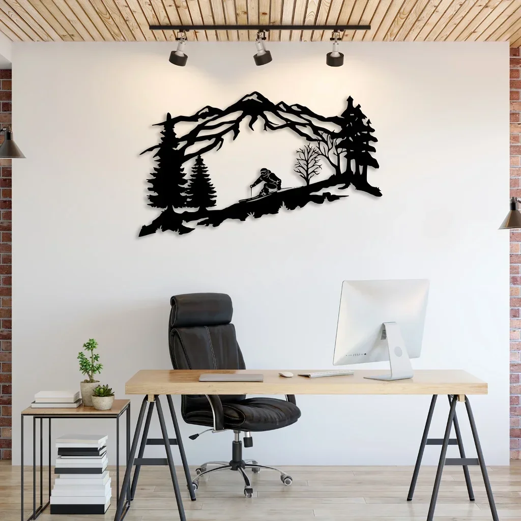 CIFBUY Deco Metal Skier Home Art Mountain Trees Themed Art Metal Wall Decor Ski Lover Holiday Gift Home Metal Wall Hanging Resta