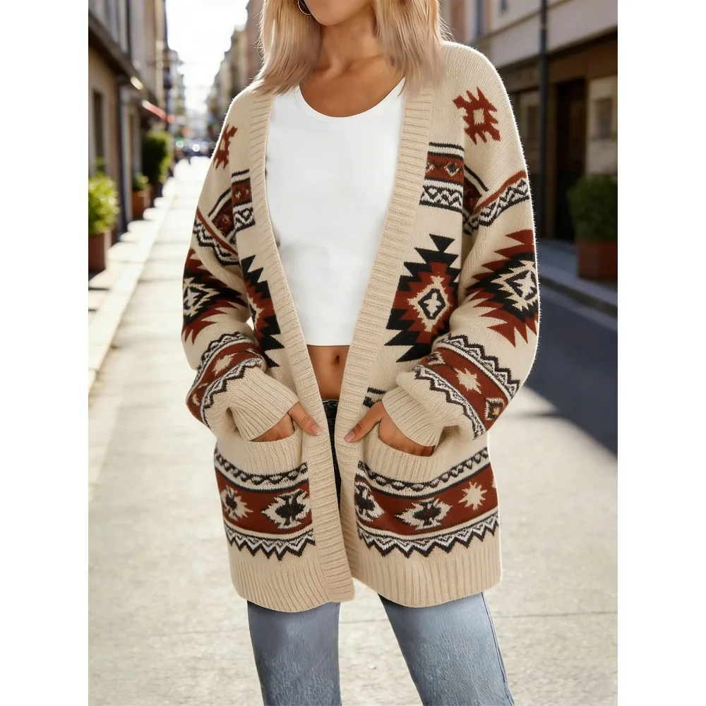 Women Boho Aztec Geometric Print Cardigan Vintage Ethnic Pattern Open Front Oversized Pockets Coat Spring Fall Casual Outerwear