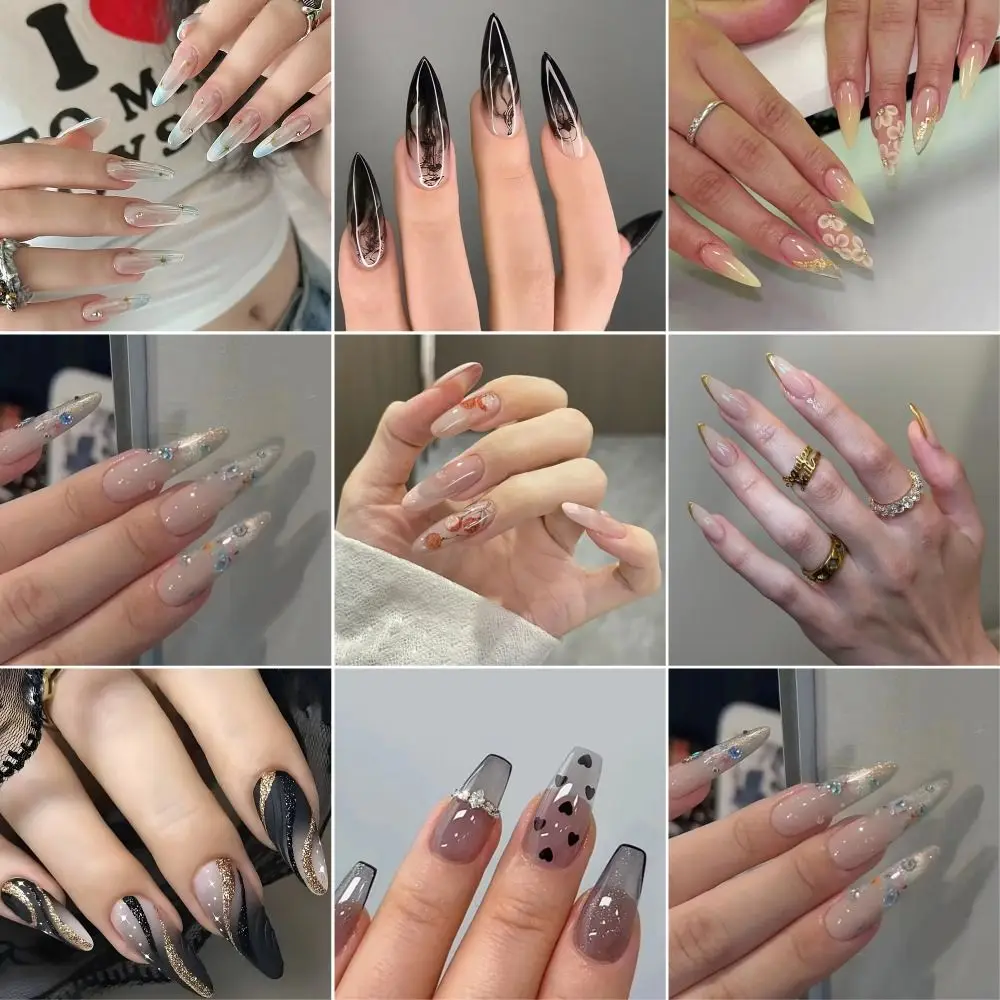 24/30 pièces épices paillettes faux ongles encre peinture fleur tache presse sur ongles avec gelée autocollants doré français ongles conseils