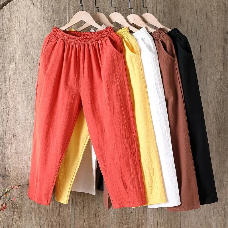 Fashion Cotton Linen Harem Pants Women Summer Loose  4XL Solid Color Pants High Waist Elastic Female Ankle-length Pants