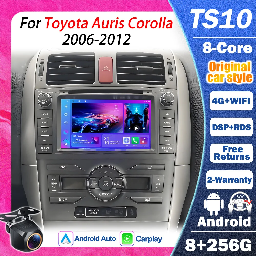 Radio Multimedia para Auto con Pantalla Táctil de 7 Pulgadas, Android Auto, Carplay Inalámbrico, GPS, Wifi, para Toyota Auris Corolla 2006-2012