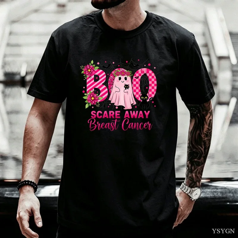 Boo Scare Away Breast Cancer Tee Breast Cancer Awareness Halloween Ghost Tops Pink Ribbon Support Shirt Cute October Cotton Tees