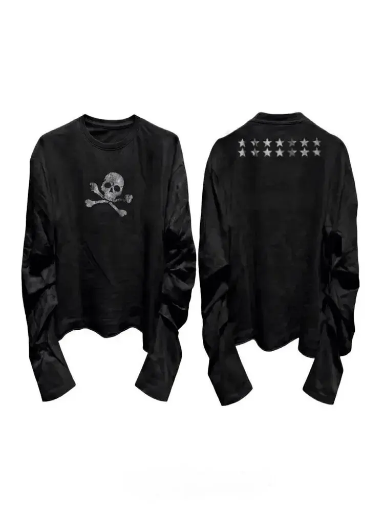 2026 New Retro Punk Skeleton Cross Bone Pentagram Printed Long Sleeve T-shirt with Button Cuffs Decadent Street Cotton Inner Top