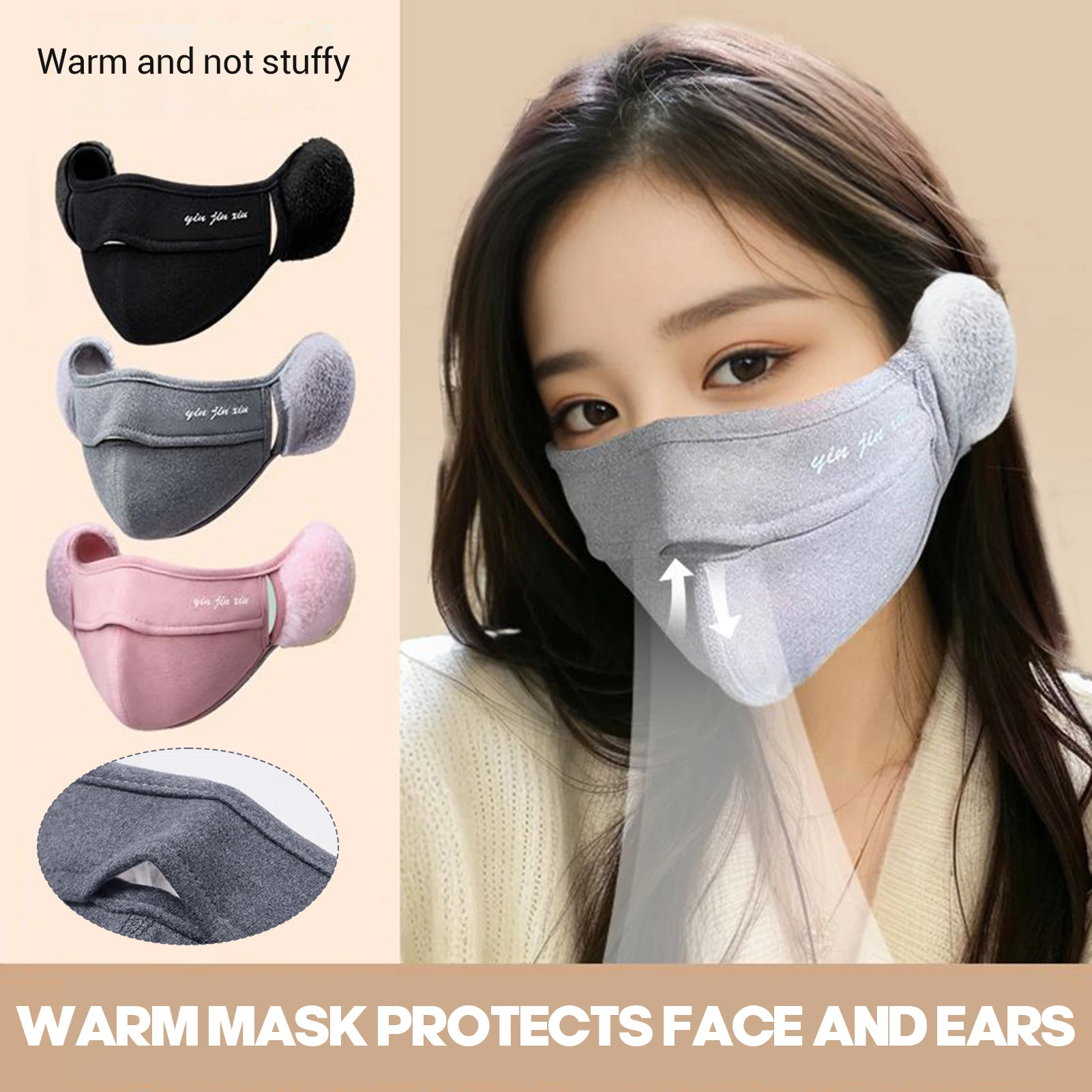 Women Simple Thermal Earmuffs Mask Autumn and Winter Windproof Pink Fleece Ear Cover Dustproof Cycling Earflap Outdoor Use