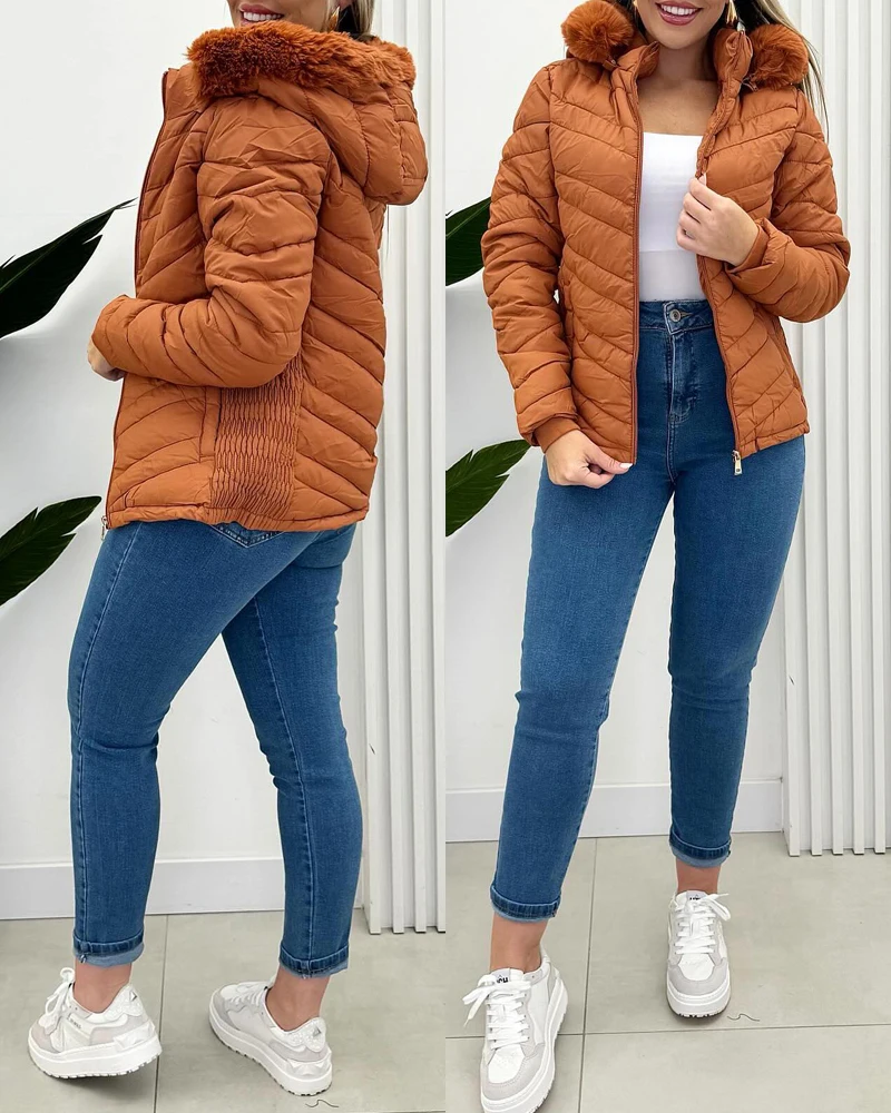 

Women Winter Coat Autumn Slim Puffer Jacket Woolen Lining Solid Color Plush Collar Hooded Long Sleeve Down Jacket Outerwear